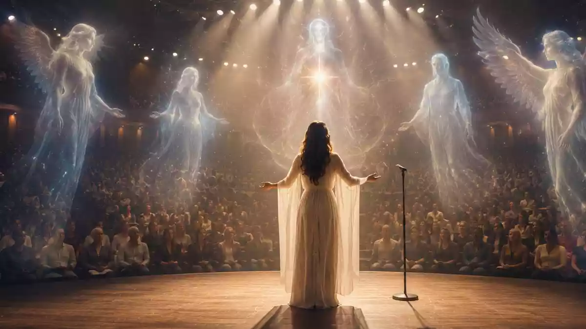 Spirituelle Rednerin auf einer Bühne mit Schutzengeln und geistigen Begleitern im Hintergrund – Symbol für Publizistik, Vorträge, Bücher und öffentliche spirituelle Arbeit